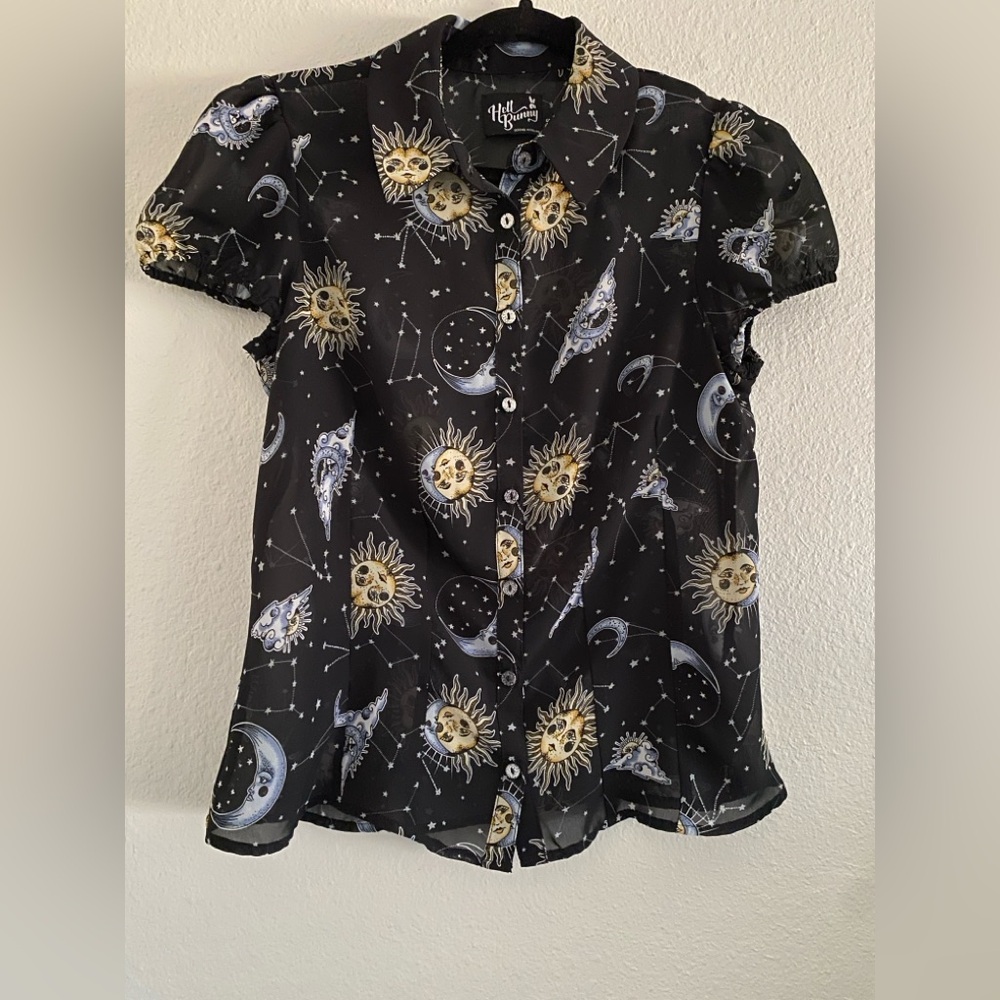 Hell Bunny Blouse Shirt Button Sheer Moon Sun Goth Astrology celestial